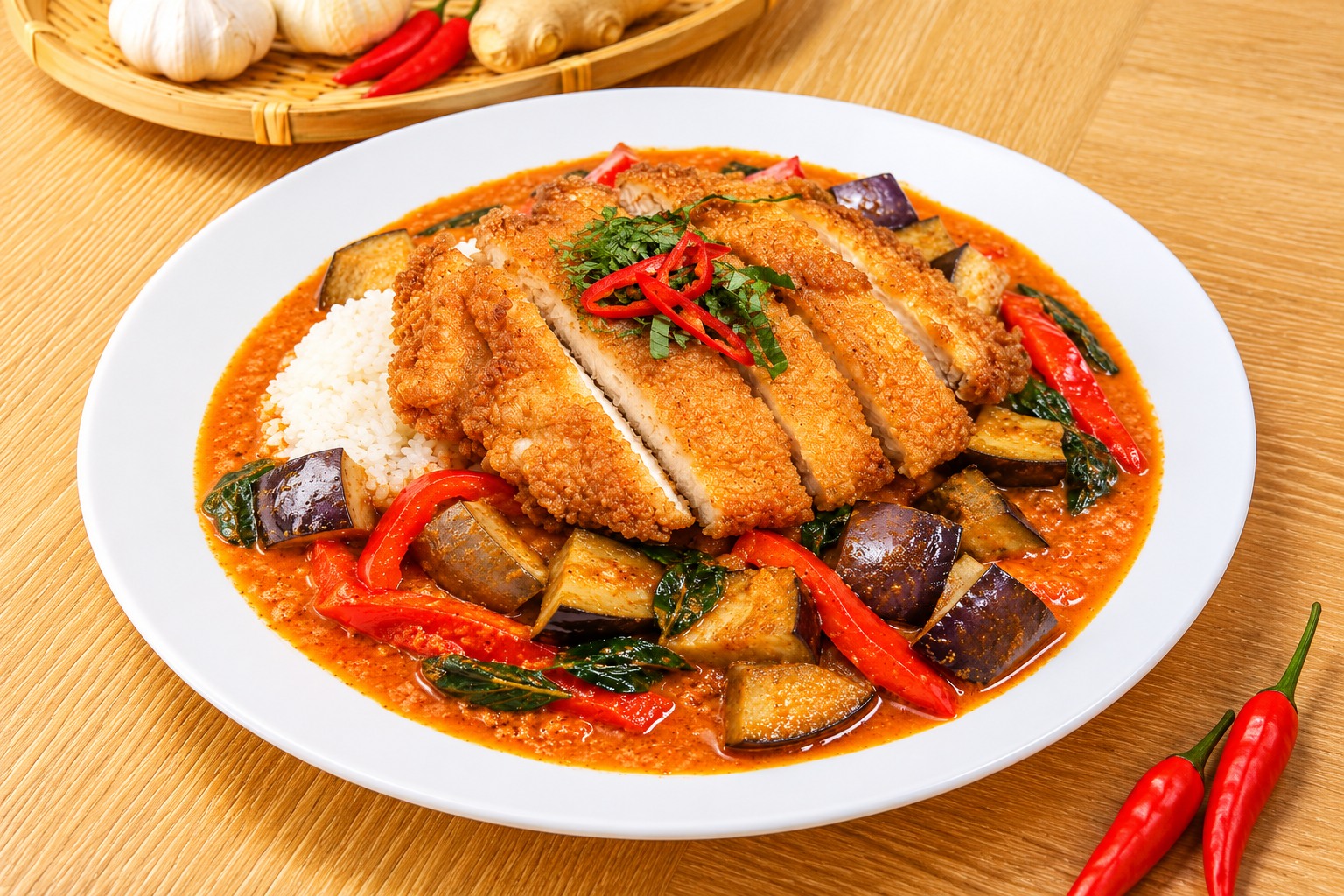 Fried Chicken Red Curry with crispy chicken, eggplant, and rice
