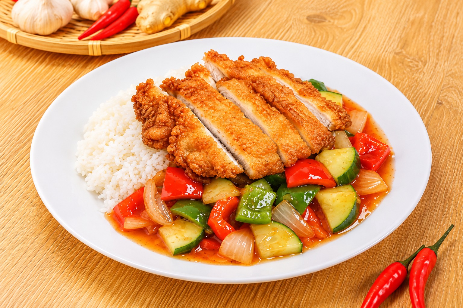 Fried Chicken Sweet and Sour with crispy chicken and vegetables over rice